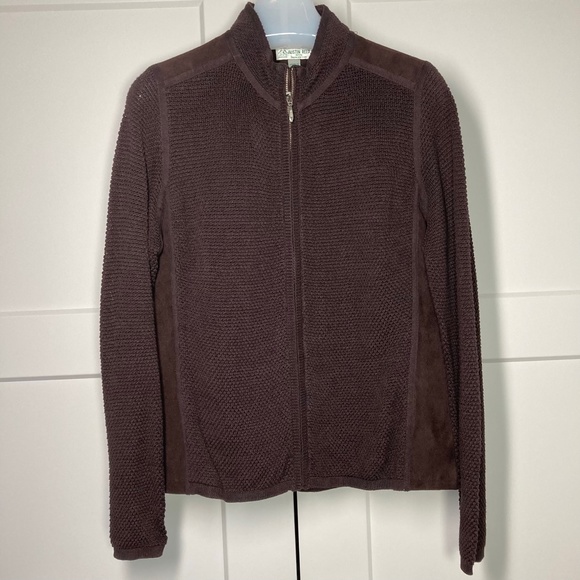 Austin Reed Vintage Waffle Weave Zip Front Cardigan Mock Neck Petite Bro… - Picture 1 of 8